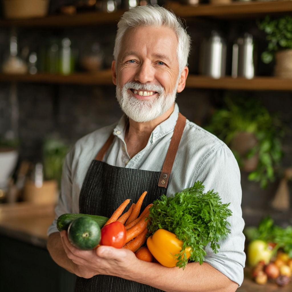 Mosolygós magyar felnőtt egészséges ételekkel a konyhában, friss zöldségeket és gyümölcsöket tart a kezében