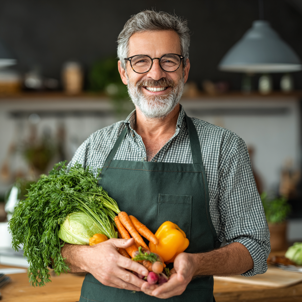 Fiatal magyar felnőtt boldog arccal, színes, egészséges ételeket fogyaszt egy modern konyhában